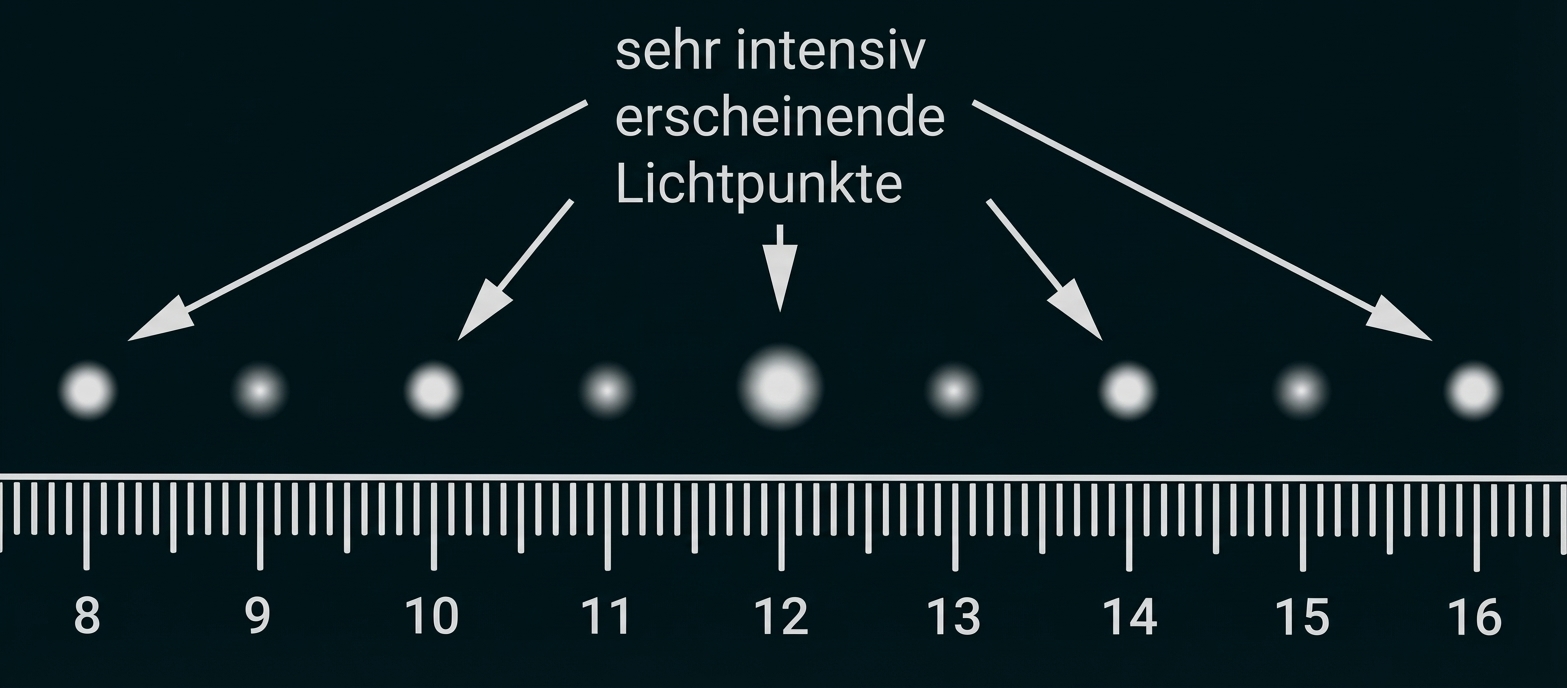 Lineal mit Skala und Reihe von Lichtpunkten unterschiedlicher Helligkeit; Pfeile zeigen sehr intensive Punkte.